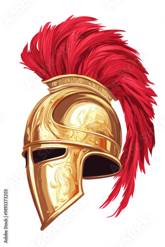 Isolated Golden Ancient Helmet with Red Crest