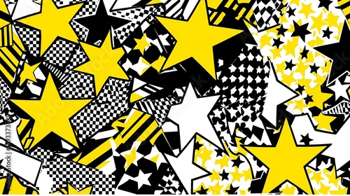 Abstract Collage of Yellow and Black Stars with Checkered Patter