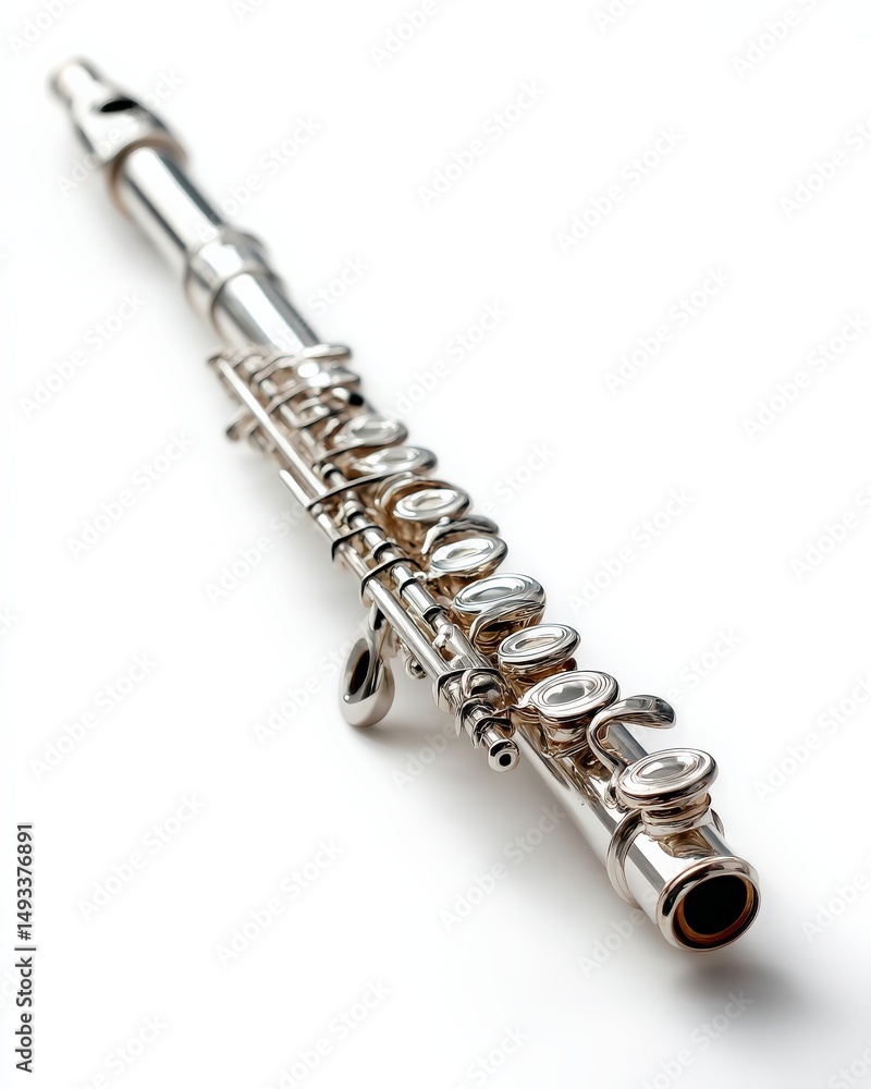 Fototapeta premium Silver flute on a white background. Elegant musical instrument.