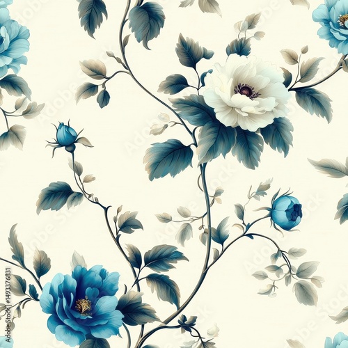 Elegant Flower Pattern with Blue and White Floral Design on Cream Background for Interior Decor