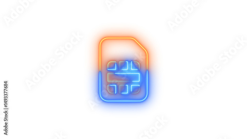Neon sim card icon glowing with transparent background