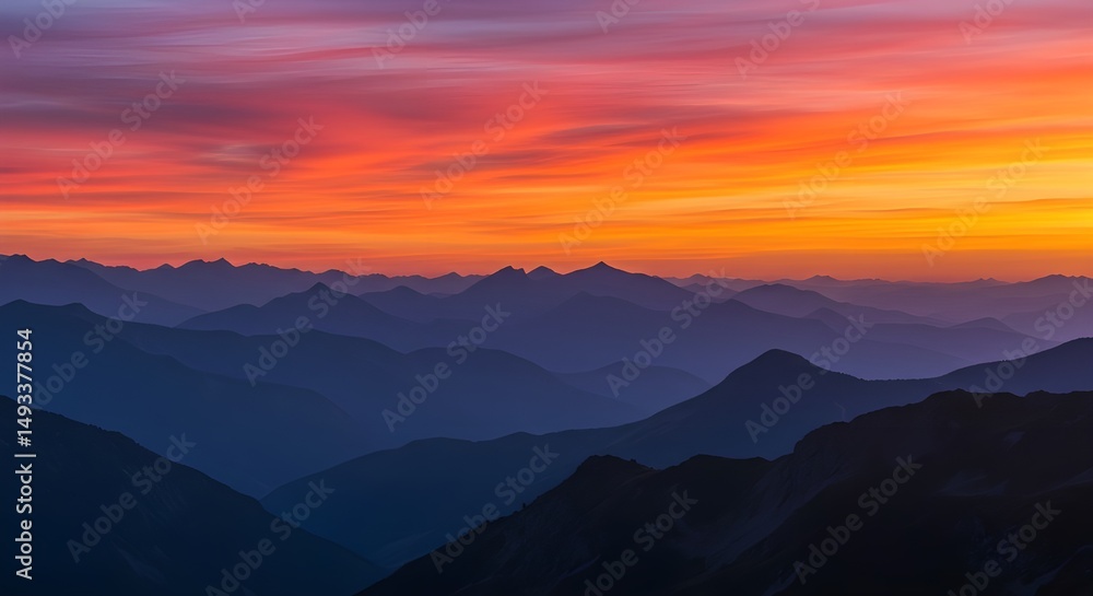Obraz premium Vibrant orange Sunset Over Layered Mountain Ridges
