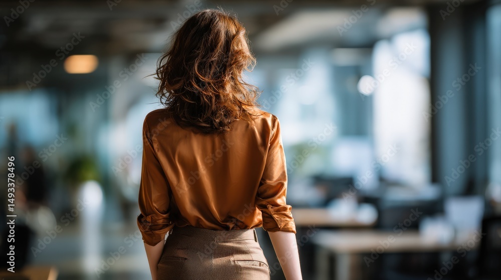 A woman with wavy hair walks through a modern, stylish office space with blurred backgrounds and natural light. A woman with wavy hair walks through a modern, stylish office space with blurred backgrounds and natural light.