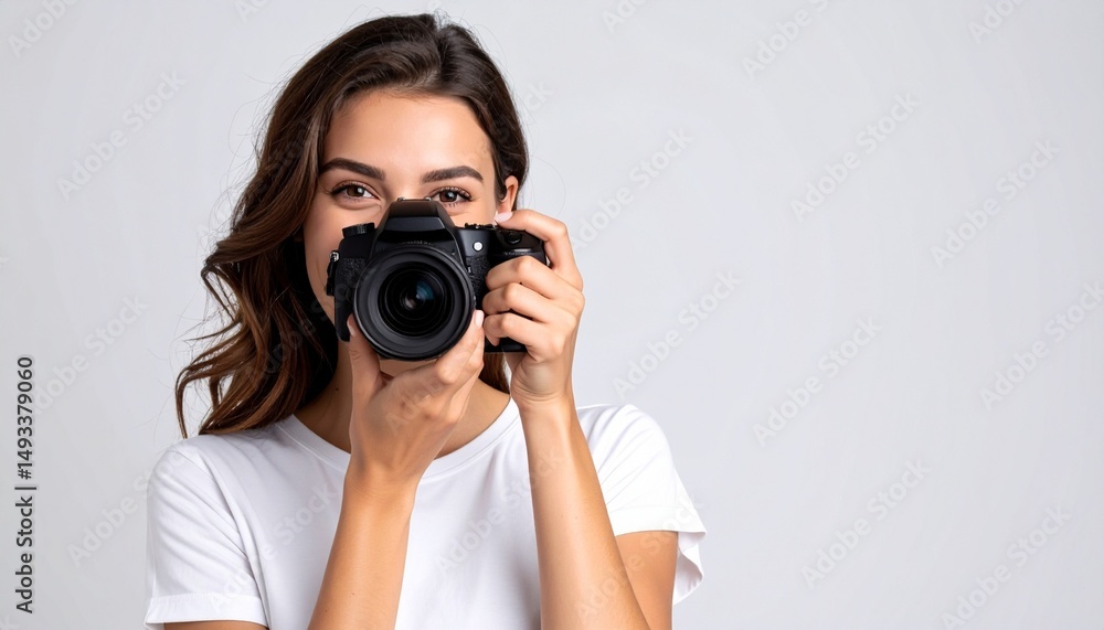 Mujer Joven y Feliz Tomando Fotos con Cámara- Retrato, Fotografía, Creatividad Mujer Joven y Feliz Tomando Fotos con Cámara- Retrato, Fotografía, Creatividad