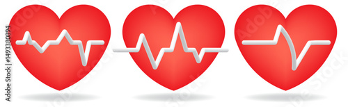 set Heart beat, Red heart with white pulse line on white background. single heartbeat, 3d vector icon.