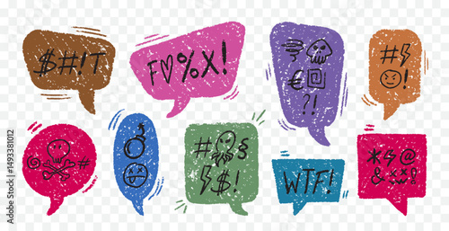 Crayon Speech Bubbles with Abstract Swear Words Vector Set. Chalk Scribble Talking Clouds Collection. Hand Drawn Rude Curse Angry Expressions. Pencil Emphasis Elements Charcoal Doodle Talk Balloons