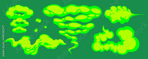 Fluorescent green smoke cloud and gas shape collection on green background, cartoon style. Gas shape and smoke cloud illustration. Great for comics, stickers, or toxic themed visuals