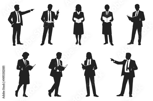 Business professionals reading and pointing in various poses vector illustration. Silhouettes of men and women in formal attire holding books and gesturing in corporate scenes.