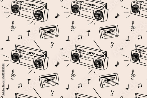 Seamless retro music pattern with boombox, cassette, and musical notes – 80s vibe style. Old school hip-hop inspired pattern with boombox, cassette tapes, and hand-drawn music symbols.