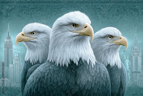 A modern graphic collage of Lady Liberty, the Liberty Bell, and eagles