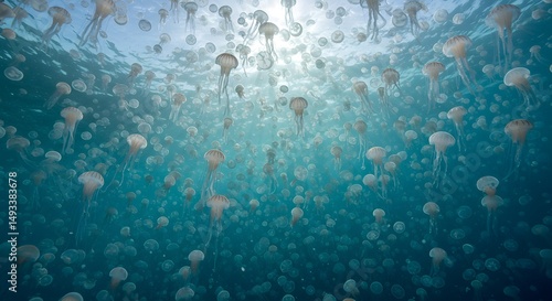 A large swarm of jellyfish floating in the ocean under the bright sunlight above them