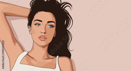 Young woman posing with long hair against a minimalist background , for the beauty industry, hair care, about style, self-development, online stores and marketplaces