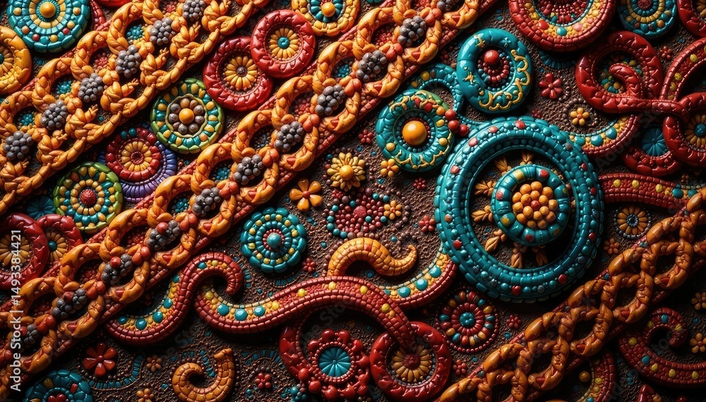 Intricate textile with complex interwoven motifs, earthy tones, surface, retro, tapestry Intricate textile with complex interwoven motifs, earthy tones, surface, retro, tapestry