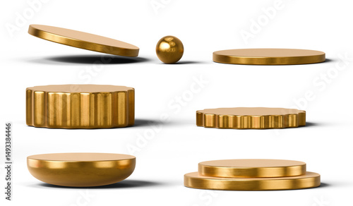 Gold podium set pack isolated background 3d rendering