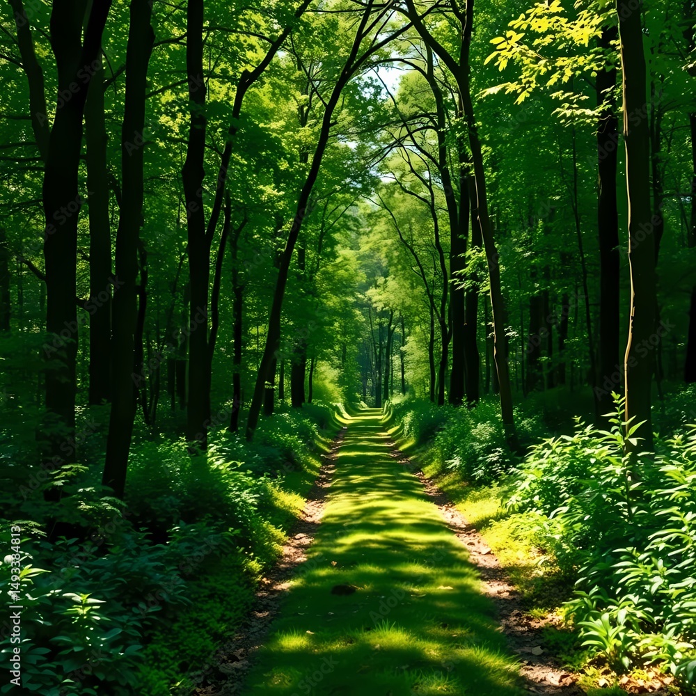 Obraz premium A sun-dappled path winds gently through a vibrant, lush green forest background.