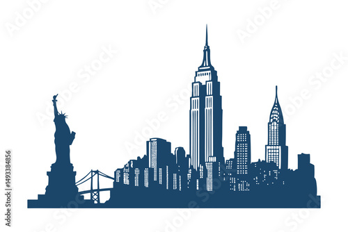 New York City skyline silhouette vector clipart isolated illustration, iconic NYC landmarks outline, perfect for design, print, and digital projects