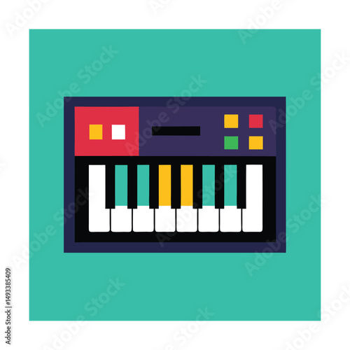 Colorful synth keyboard illustration in a flat design style with simple geometric elements