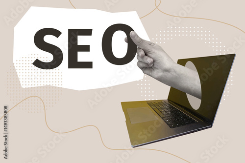 SEO. collage. work analytics. banner for work. work optimization. search engine optimization. minimal flat logo with a magnifying glass. Multicolored design.