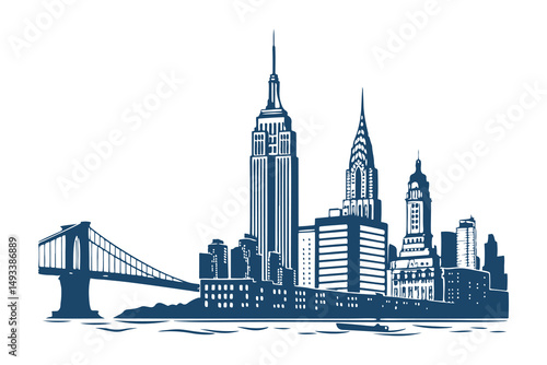 New York City skyline silhouette vector clipart isolated illustration, iconic NYC landmarks outline, perfect for design, print, and digital projects