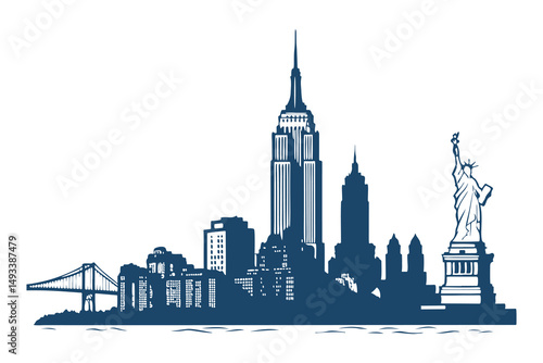 New York City skyline silhouette vector clipart isolated illustration, iconic NYC landmarks outline, perfect for design, print, and digital projects