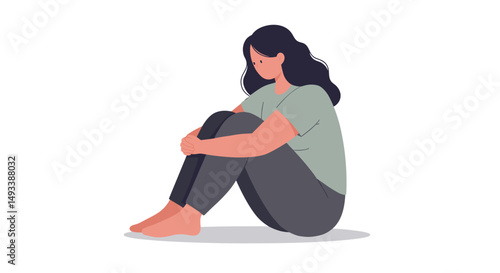 Young woman sitting with knees hugged in a thoughtful pose indoors, for projects about family life, intimacy, affection  