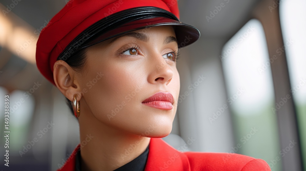 Flight Attendant in Red Uniform and Hat Gazing Thoughtfully from a Train Window Flight Attendant in Red Uniform and Hat Gazing Thoughtfully from a Train Window