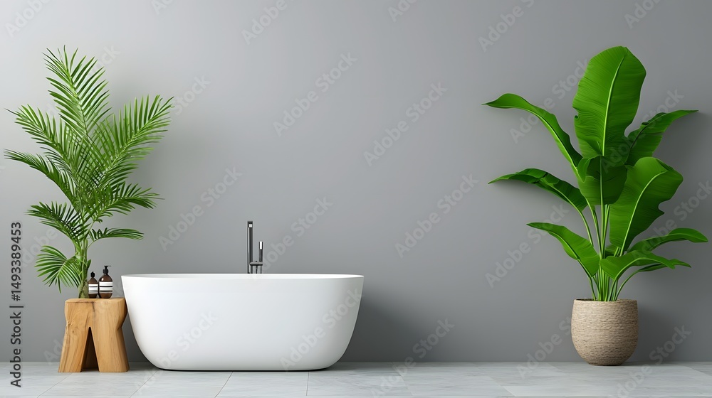 Fototapeta premium Elegant minimalist bathroom with freestanding tub and city view