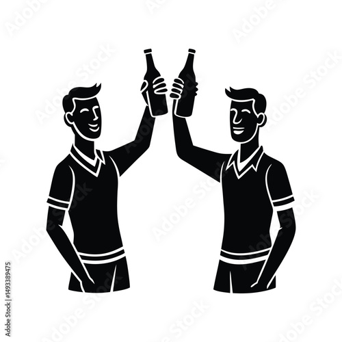 Flat and Minimal Two Men Toasting with Beer Bottles icon vector illustration isolated on white background
