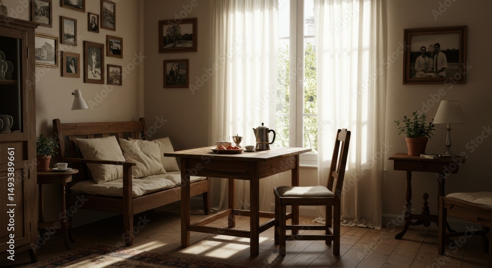 Fototapeta premium Cozy rustic living room with warm natural light and vintage decor
