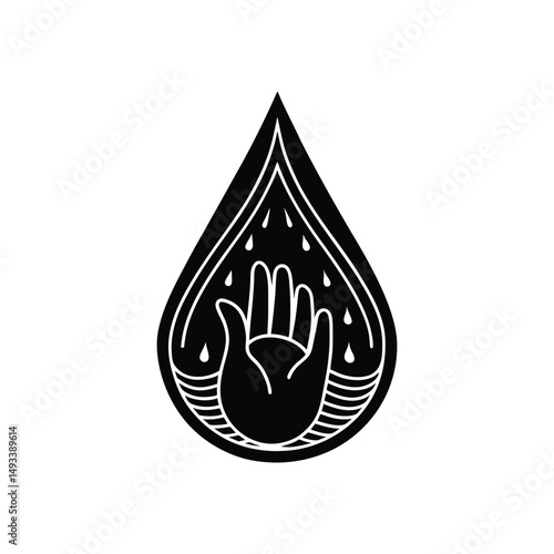 Flat and Minimal Water drop and hand sign logo vector illustration isolated on white background