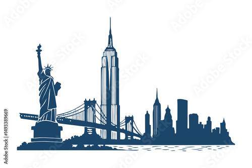 New York City skyline silhouette vector clipart isolated illustration, iconic NYC landmarks outline, perfect for design, print, and digital projects