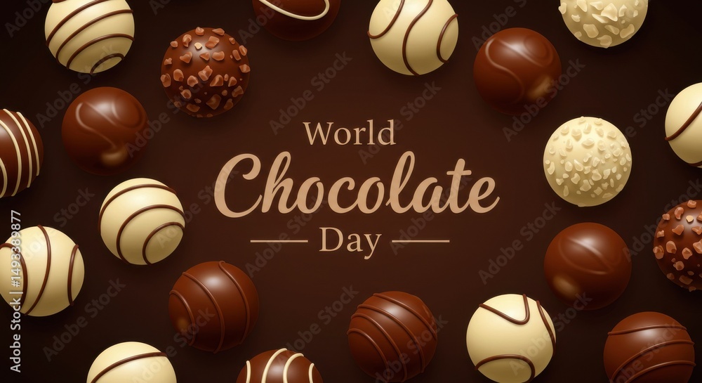 Fototapeta premium Assorted chocolate truffles arranged on a dark background with the text 