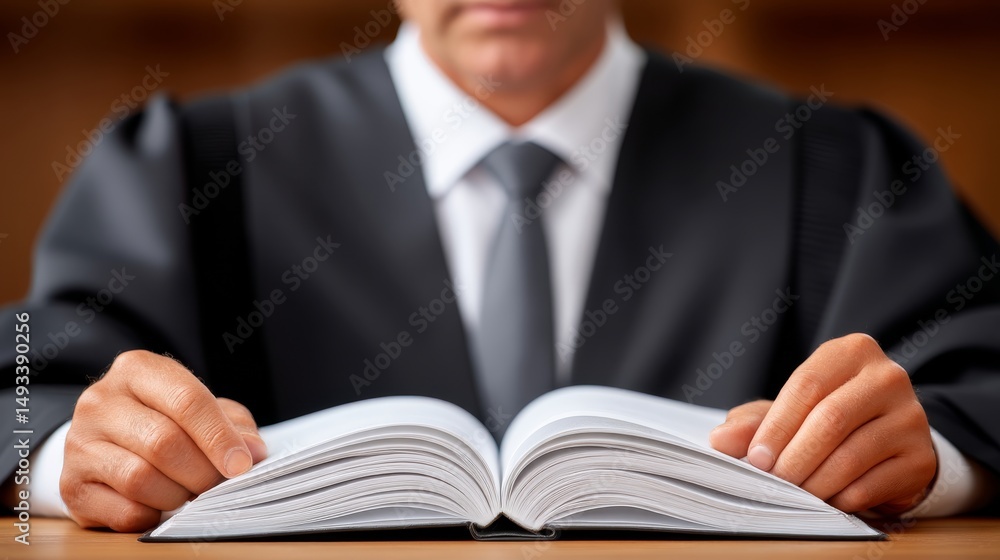 Judge Reviewing Legal Documents in Courtroom Setting with Professional Focus Judge Reviewing Legal Documents in Courtroom Setting with Professional Focus