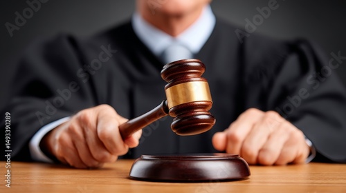 Judge Striking Gavel Firmly on Wooden Desk in a Courtroom Setting