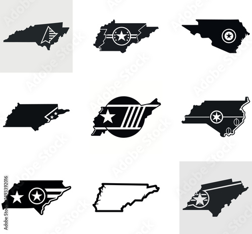 Black Tennessee State Map Silhouettes with Star and Stripe Elements Vector Set
