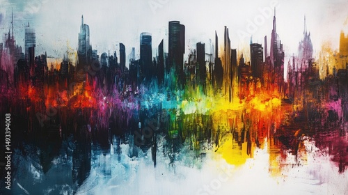 Abstract cityscape painting with vibrant colors on white background