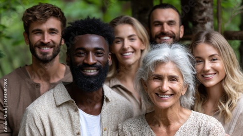 Diverse group of friends smiling outdoors, young adults and older woman in casual attire enjoying nature, perfect for community themes.