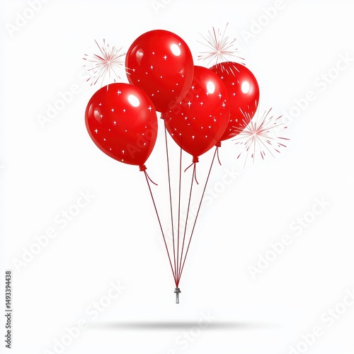 Bright Red Balloons with Sparkles and Fireworks on a White Background for Celebration and Party Themes