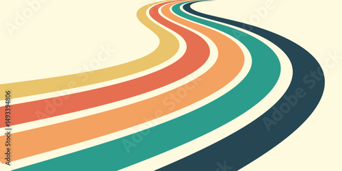 Abstract colorful 70s background vector. Vintage retro wallpaper with rainbow stripes and wavy lines. A 1970 color illustration suitable for posters, banners, decorative items and wall art.