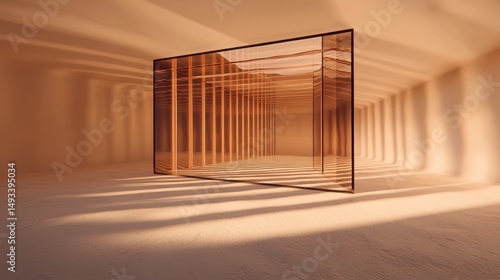Abstract geometric space with transparent panel casting shadows in warm tones, showcasing modern design