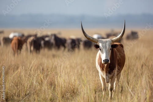 Majestic cow with long horns faces camera in arid field, livestock roam through golden grass, livestock play vital role in local farming and survival.