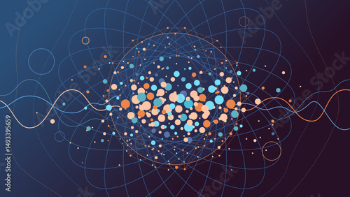 Abstract fractal circles background for global quantum data concept, blue and orange tones connected dots wireframe pattern, science, technology, ai, sparkly lights energy vibration in space wallpaper