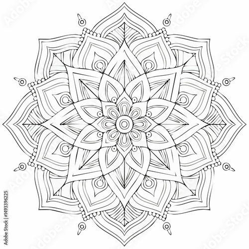 Stylized line drawing of various forest animals in a circular frame with decorative leaves and whimsical foliage elements for coloring books or vector use