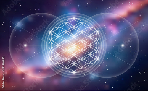 Flower of Life, Yantra Mandala, glowing seed of life, Sacred Geometry, symbol of harmony and balance. Mystical circles in the infinity outer space, colorful nebula galaxy background