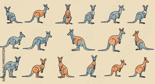 Stylized Kangaroos Pattern Blue and Orange Hues Sketchy Texture