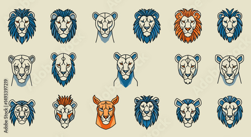 Stylized Lion and Lioness Heads with Geometric and Colorful Designs