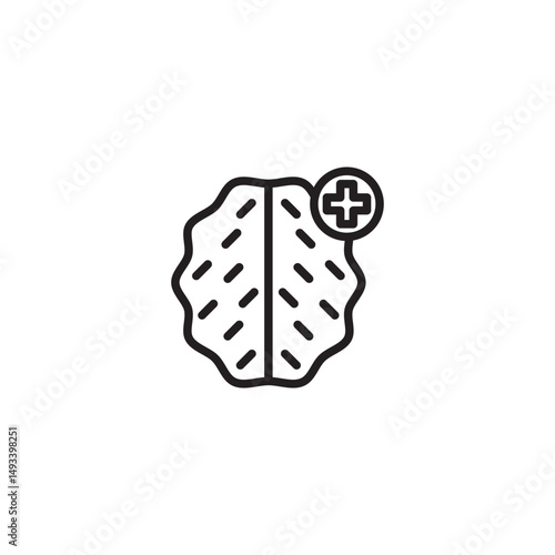 A line art icon of a brain with a plus sign, possibly representing mental health, adding knowledge, or cognitive enhancement.