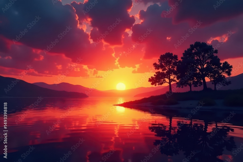 Fototapeta premium Silhouetted trees against fiery sunset sky over lake, sky, shape