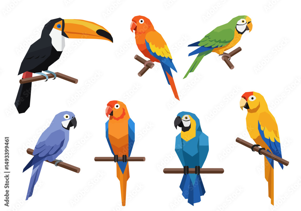 Obraz premium Colorful Geometric Tropical Birds on Branches