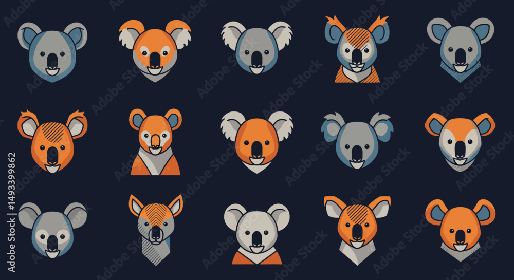 Obraz premium Fifteen Stylized Koala Portraits with Varied Colors and Expressions